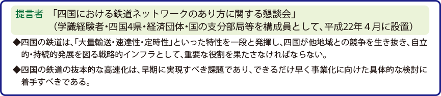 提言者「四国における鉄道ネットワークのあり方に関する懇談会」（学識経験者・四国4県・経済団体・国の支分部局等を構成員として、平成22年4月に設置）四国の鉄道は、「大量輸送・速達性・定時制」といった特性を一段と発揮し、四国が他地域との競争を生き抜き、自立的・持続的発展を図る戦略的インフラとして、重要な役割を果たさなければならない。四国の鉄道の抜本的な高速化は、早期に実現すべき課題であり、できるだけ早く事業化にむけた具体的な検討に着手すべきである。