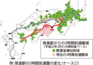 例:徳島駅の2時間到達圏の変化（ケース①）