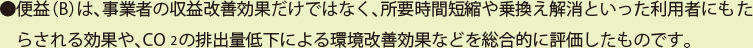 便益（B）は、事業者の収益改善効果だけではなく、所要時間短縮や乗換解消といいた利用者にもたらされる効果や、CO2の排出量低下による環境改善効果などを総合的に評価したものです。